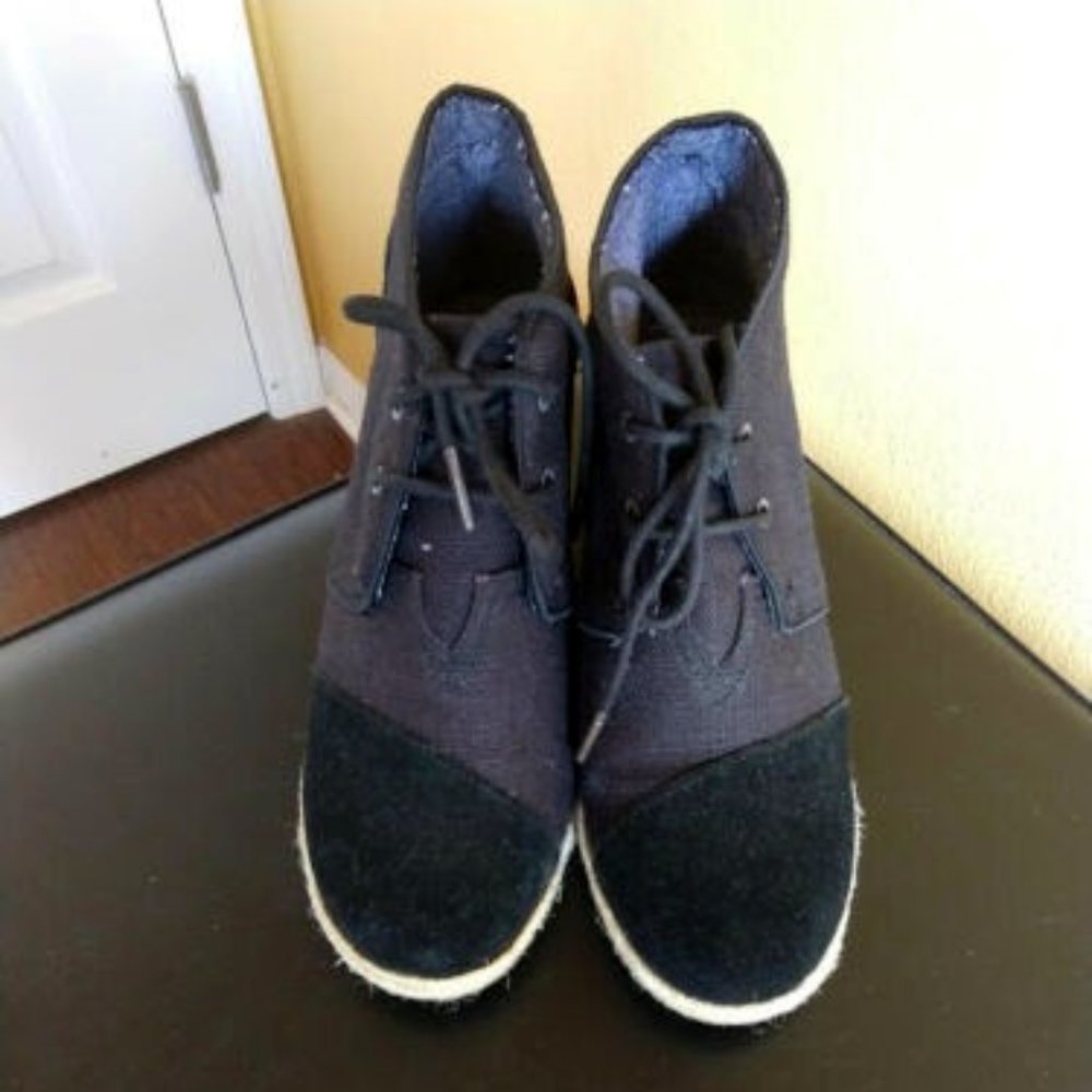 Toms Desert Wedge Bootie Lace Up Linen/Suede Sz 8